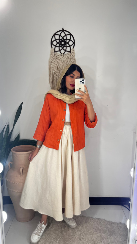 شومیز زنانه ژاکارد نارنجی داری سایزبندی